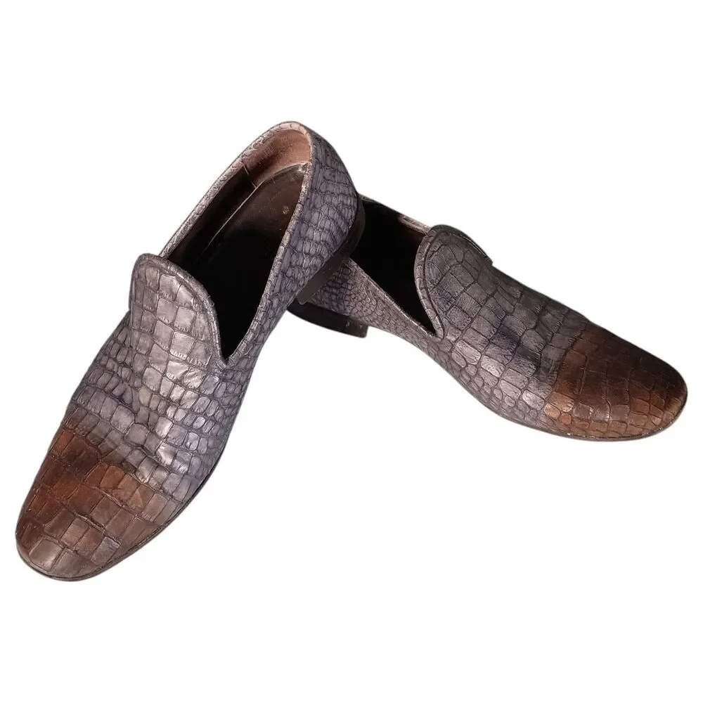 Jo Ghost Mens Shoe Slip on Loafer Grey Brown Croc 45/US 12 Leather Made In Italy